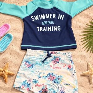 Kids Swim Rash Guard Set - Navy & Aqua "Swimmer in Training"